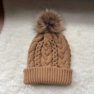 Cable Knit Beanie Hat with Faux Fur‎ Pom Pom Camel Brown Winter Warm